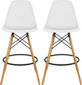 SMTE - Plastic Modern Counter Stools with Backrest and Armless Natural Legs Wood - White