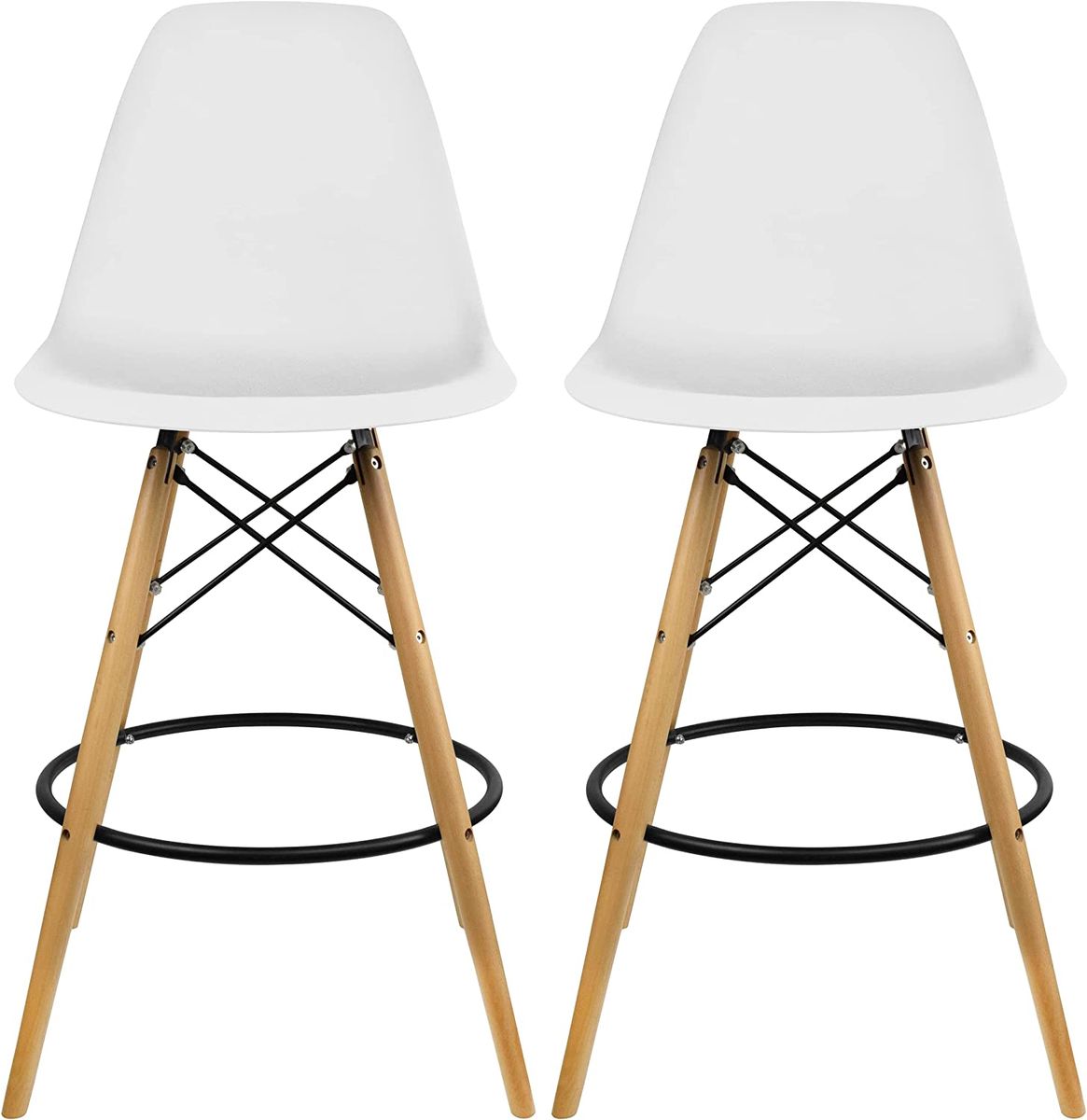 SMTE - Plastic Modern Counter Stools with Backrest and Armless Natural Legs Wood - White