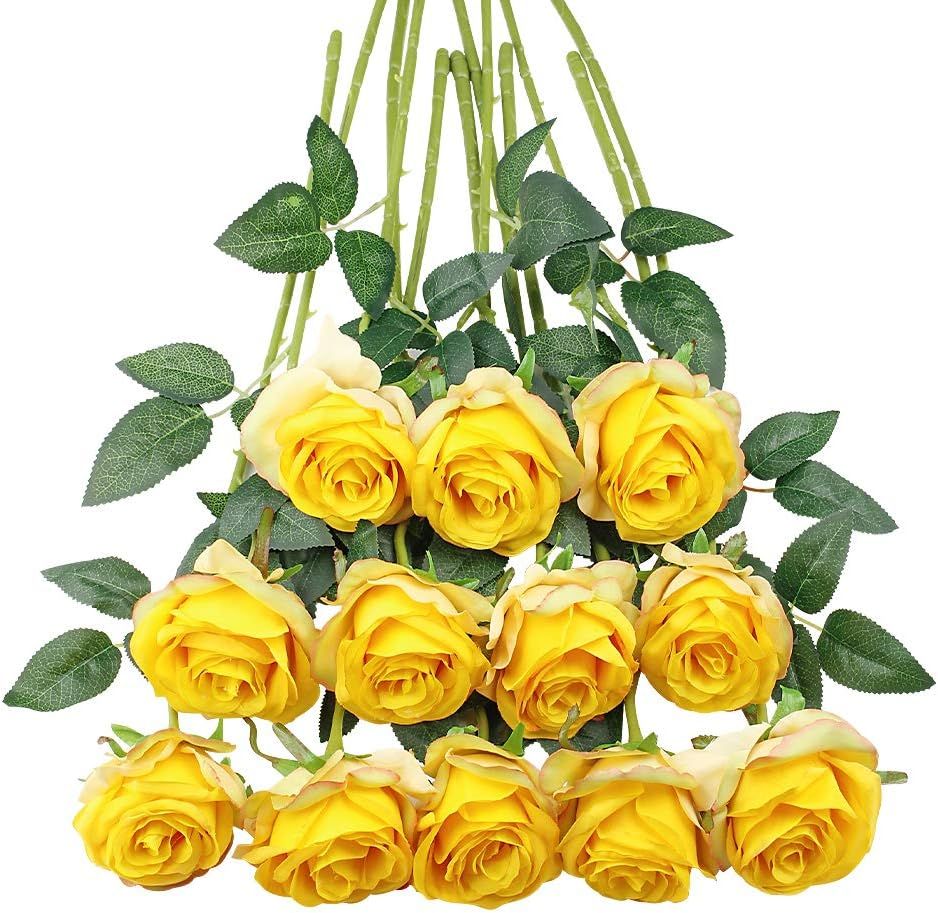 SMTE - 12 pcs Artificial Roses With Long Stem Real Touch DIY Home DecorYellow
