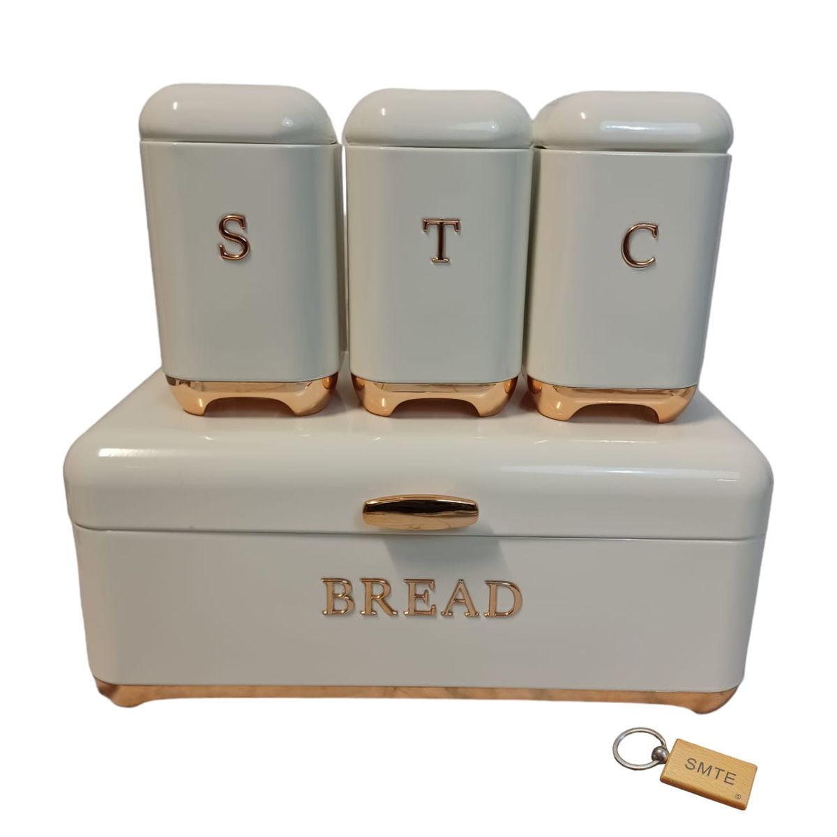 SMTE - Bread Bin and Canister SetWhite&Gold & Keyring