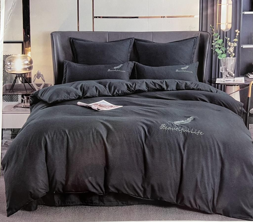 SMTE - Cotton Plain Beautiful Feather Double Duvet Cover 6 Pieces - Dark Grey