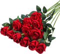 SMTE - 12 pcs Artificial Roses With Long Stem Real Touch DIY Home DecorRed