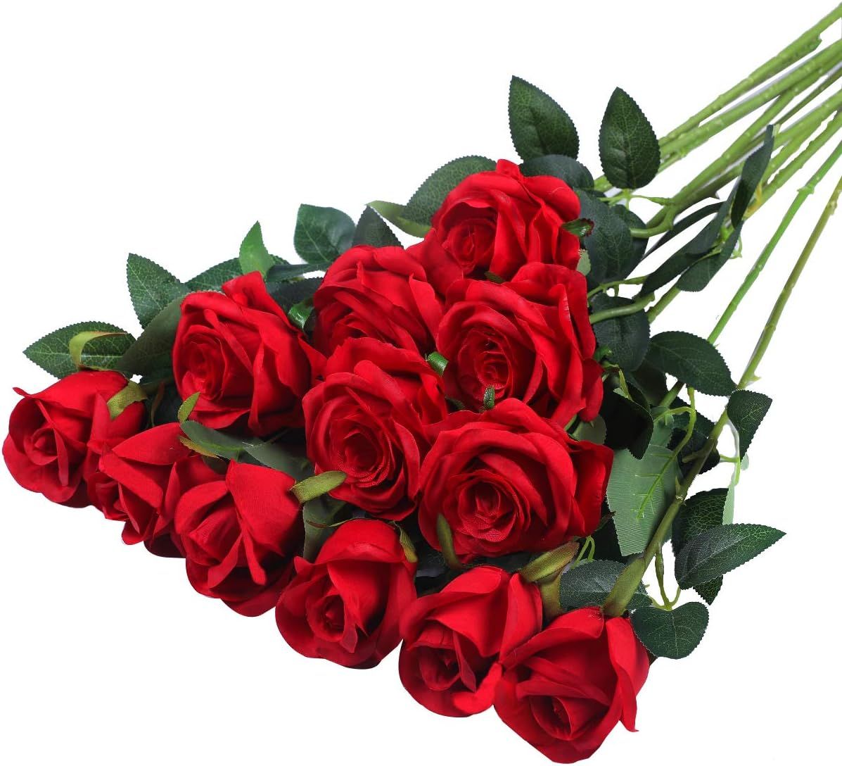 SMTE - 12 pcs Artificial Roses With Long Stem Real Touch DIY Home DecorRed