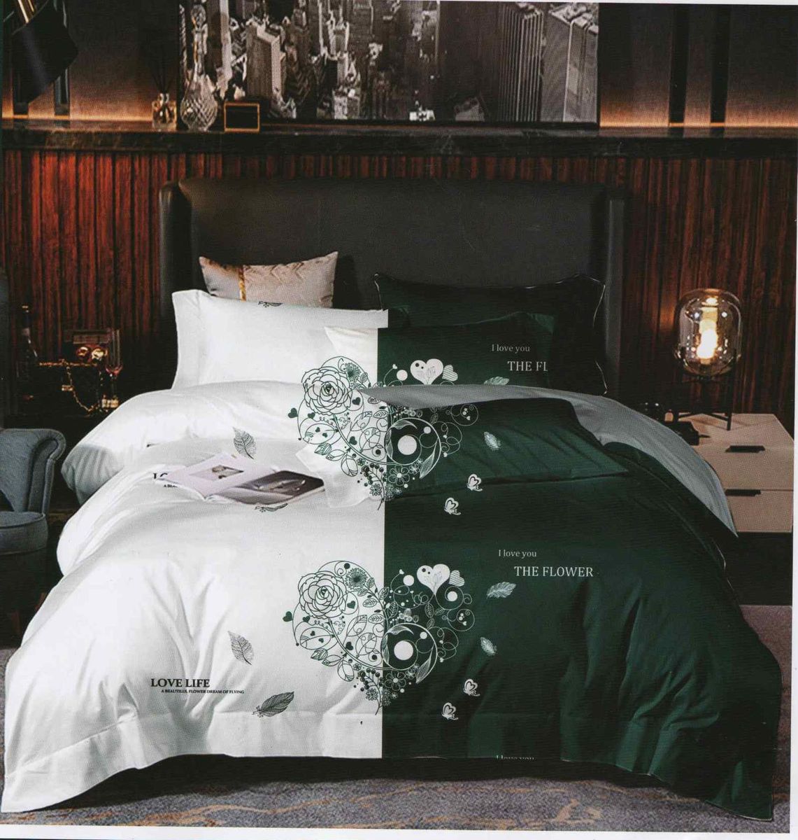 SMTE - Bedspread Set 5 Piece Microfiber - F14 - D11 - (White & Green ) - Queen