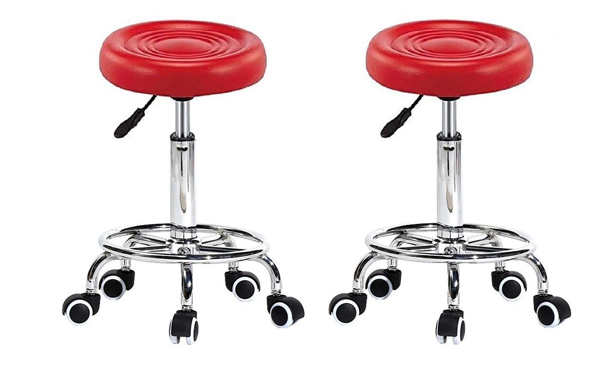 SMTE - PU Leather Round Rolling Stool with Foot Rest Swivel Height Adjustment - Red