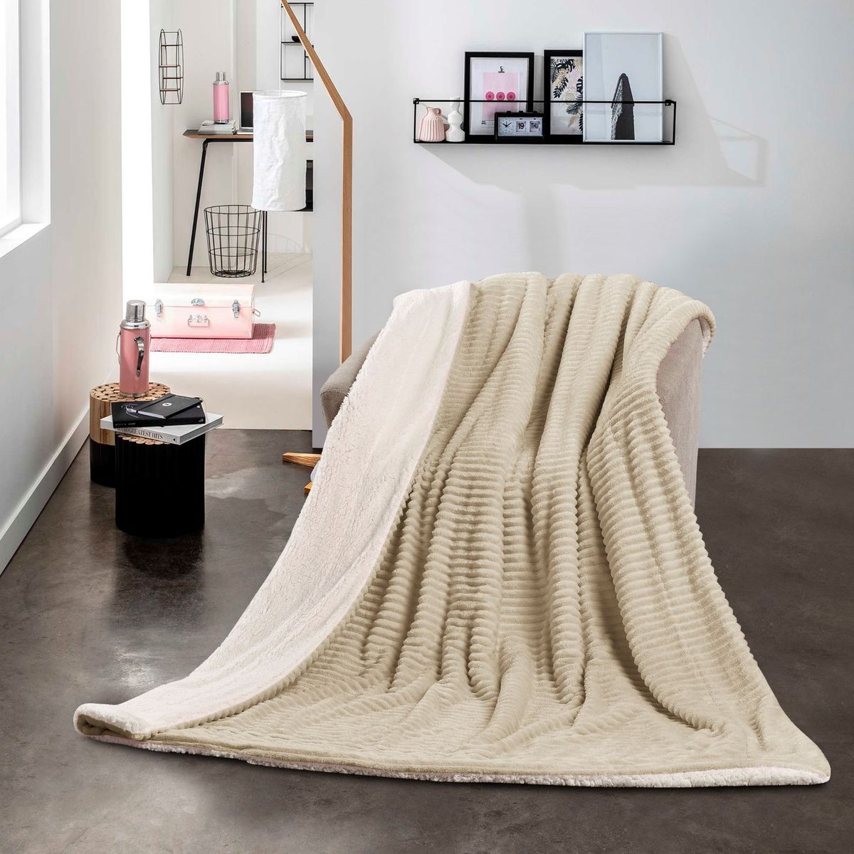 SMTE - New Reversible Super Soft Throw Striped Flannel Sherpa Blanket - Light Brown