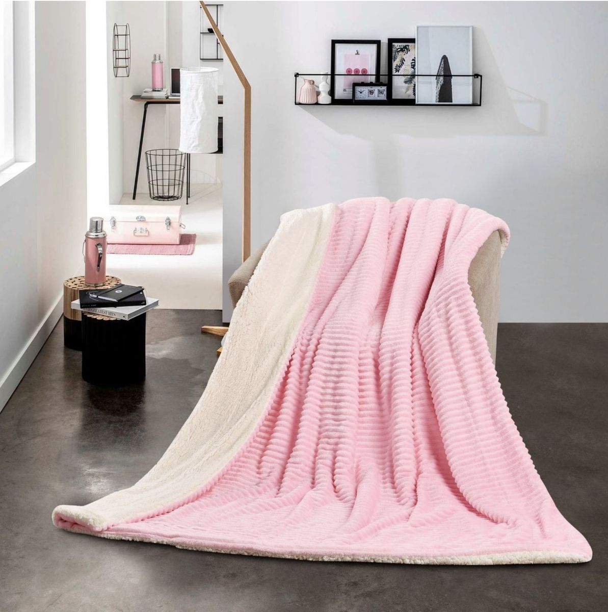 SMTE - Sastro - New Reversible Throw Striped Flannel Sherpa Fleece Blanket - Pink