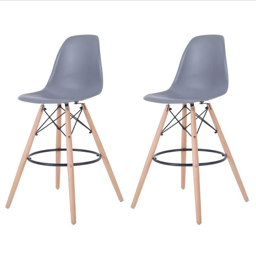 SMTE - Plastic Modern Counter Stools with Backrest and Armless Natural Legs Wood - Grey