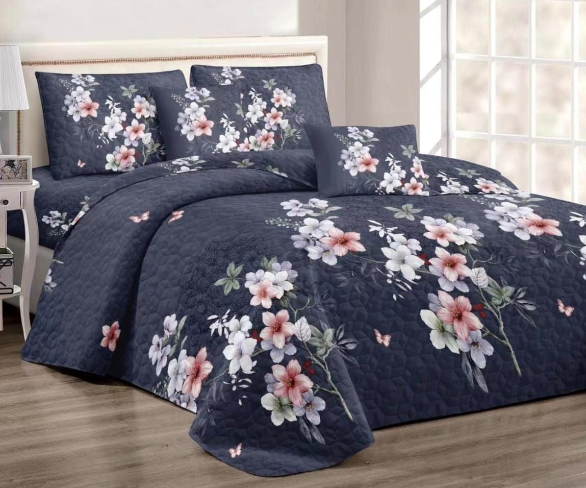 SMTE - Bedspread Set 5 Piece Microfiber - F14 - D12 - (Blue) - Queen
