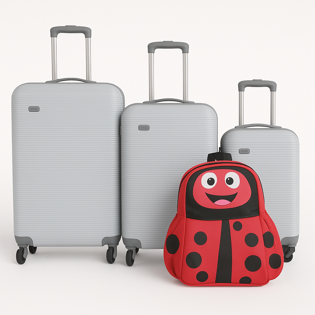 SMTE - Kids' Ladybug BackpackCartoon Face & Mesh Pocket + 3 Piece Luggage SetRed