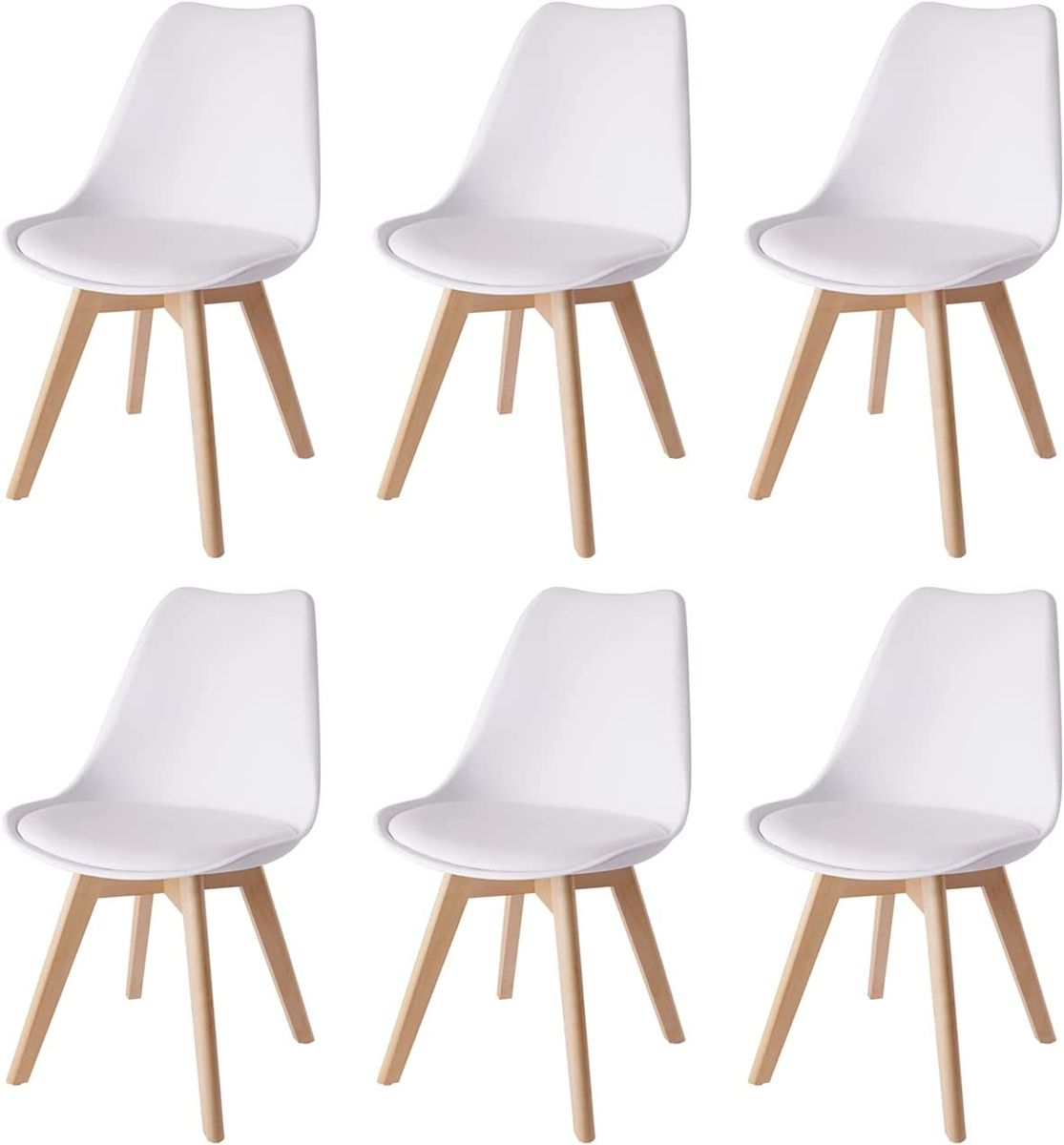 SMTE - Dining Chairs with Cushion Seat, Wooden Legs - Set of 6 - White