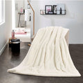 SMTE - Sastro - New Reversible Throw Striped Flannel Sherpa Fleece Blanket - Cream White