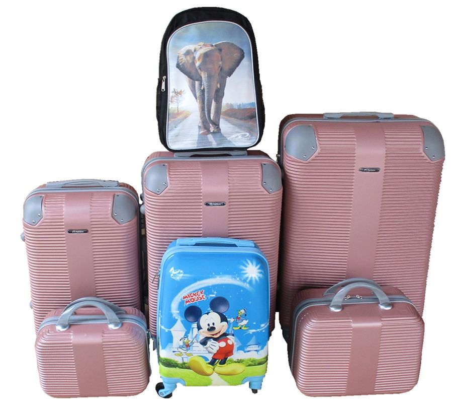 SMTE - 5Piece Pink ABS Luggage Set with Mickey Kids Trolley & Elephant Backpack