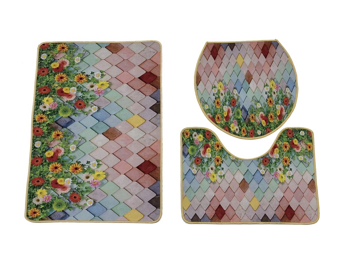 SMTE - Stunning 3 Piece Anti-Slip Soft Foam Bathroom Set - Pink Flower