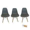 SMTE - Plastic Chair With Wooden Leg Set of 3 with  KeychainGrey
