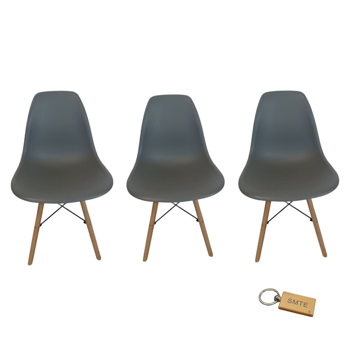 SMTE - Plastic Chair With Wooden Leg Set of 3 with  KeychainGrey