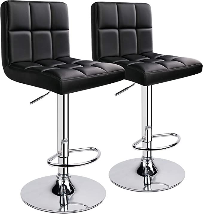 SMTE - Modern PU Leather Adjustable Swivel Bar Stool - Set of 2 - Black