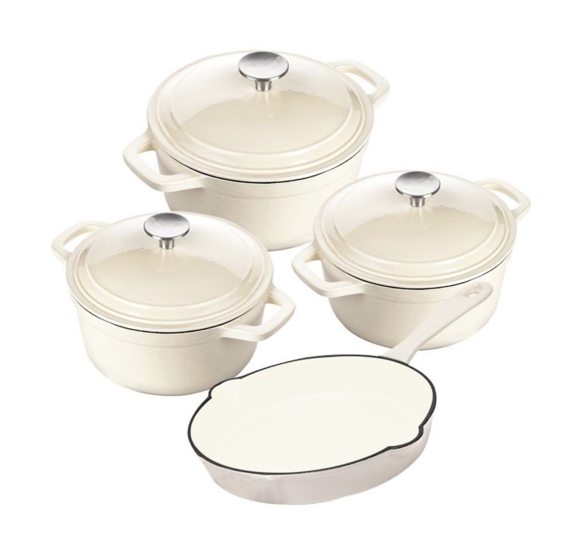 SMTE - Authentic 7 Piece Cast Iron Dutch Oven Cookware Pot Set - Cream