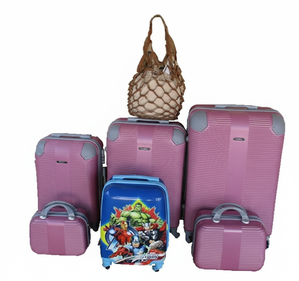 SMTE - 5Piece Pink ABS Luggage Set with Spinner Wheels, Avengers Case & Mesh Bag