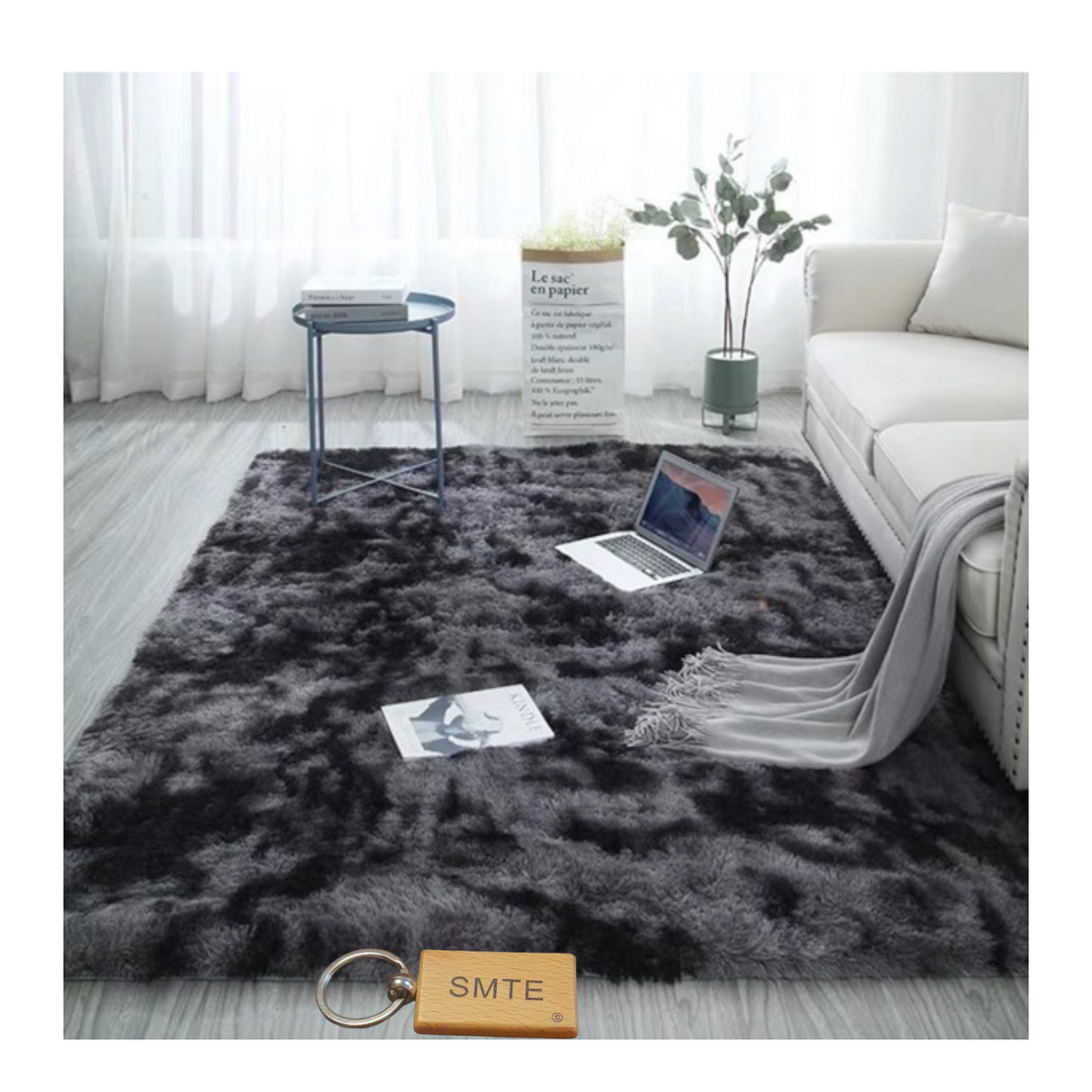 SMTE - New Premium Fluffy Carpet/Rug & Complementary Tieback and KeyringDark Grey Mix
