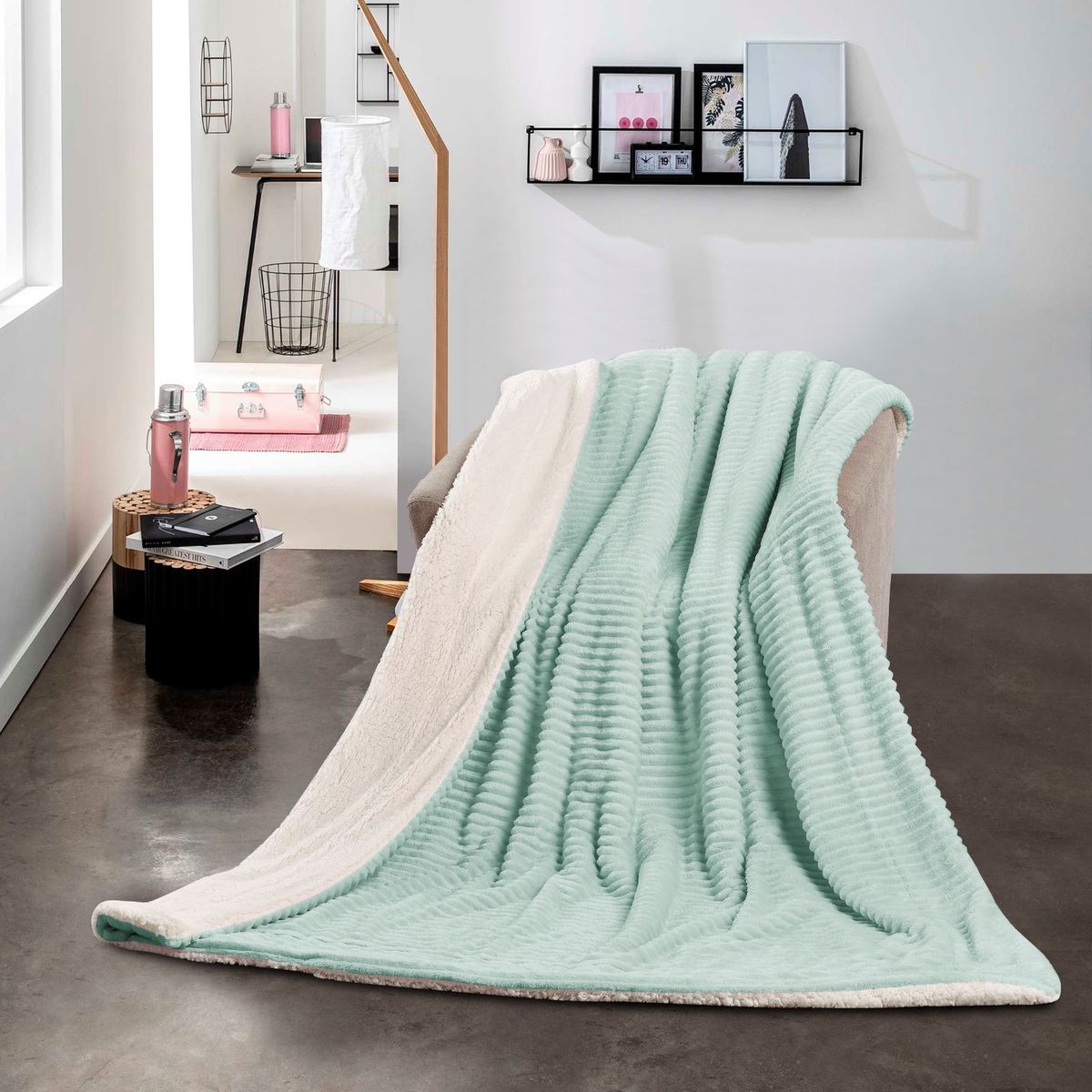SMTE - New Super Soft Reversible Throw Striped Flannel Sherpa Blanket - Green