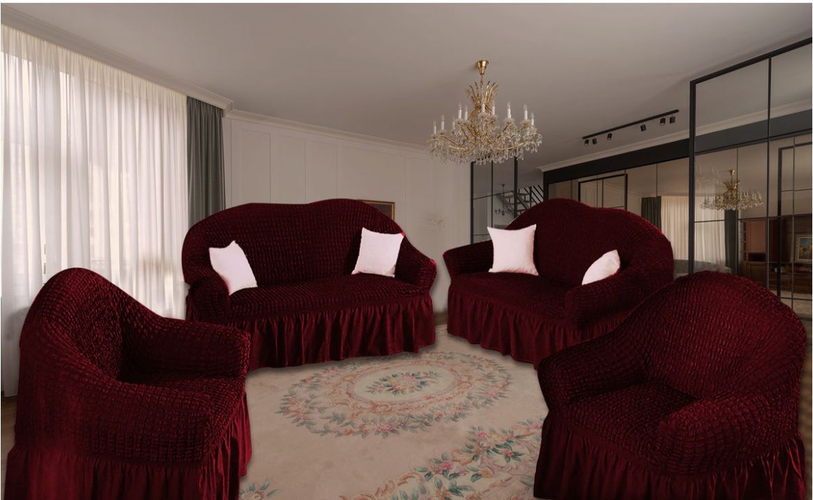 SMTE - Dream World Ruffled 4 Piece Sofa & Couch Slipcover Set(2+2+1+1) - Red