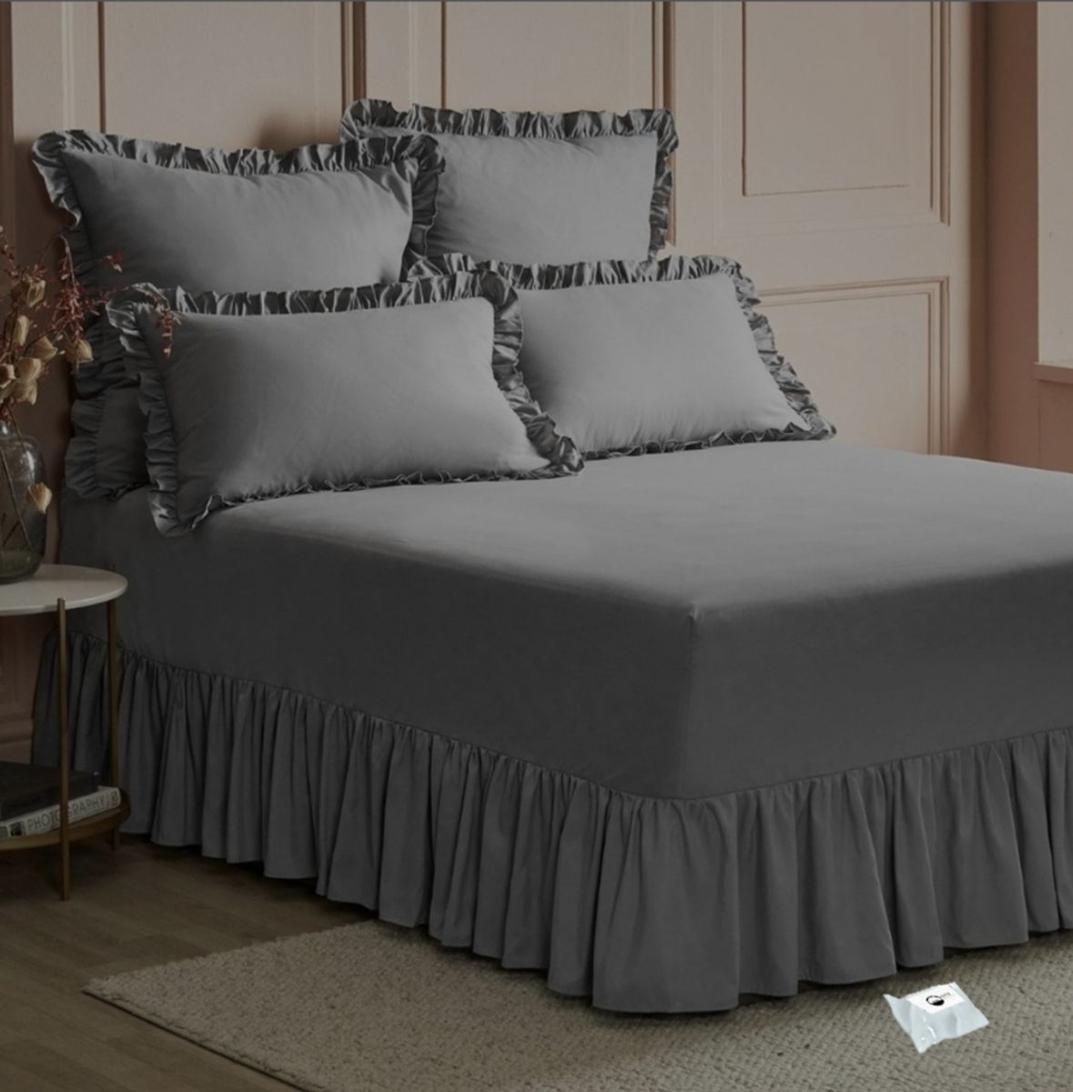 SMTE -  6-piece Frilled Bed Sheet Set - Grey - L