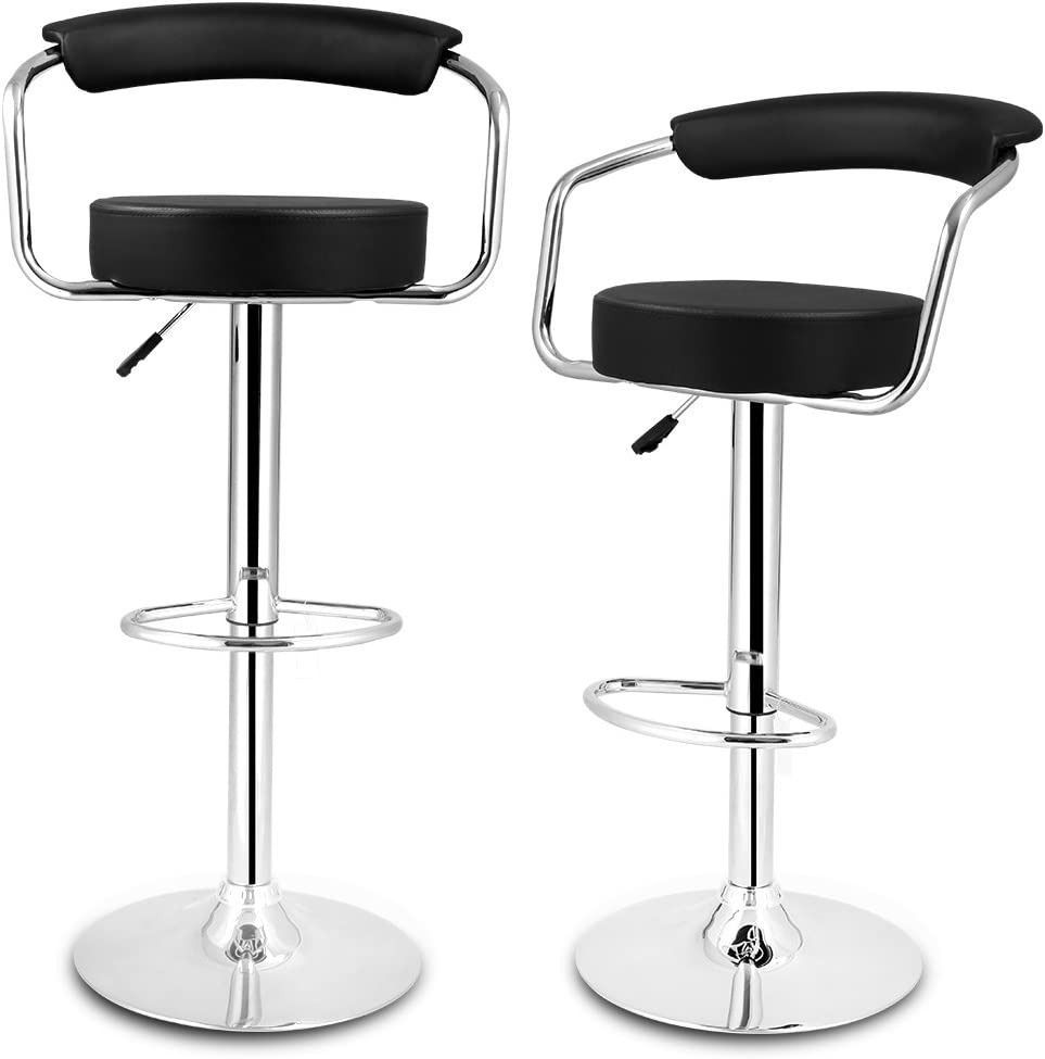 SMTE - Adjustable Bar Stools with Armrest and Chrome Base - Set of 2 - Black