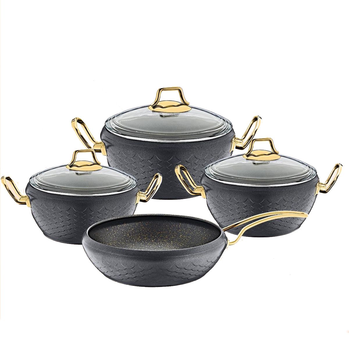SMTE - OMS Non-Stick Granite Cookware Set - Black & Gold - 7-Piece