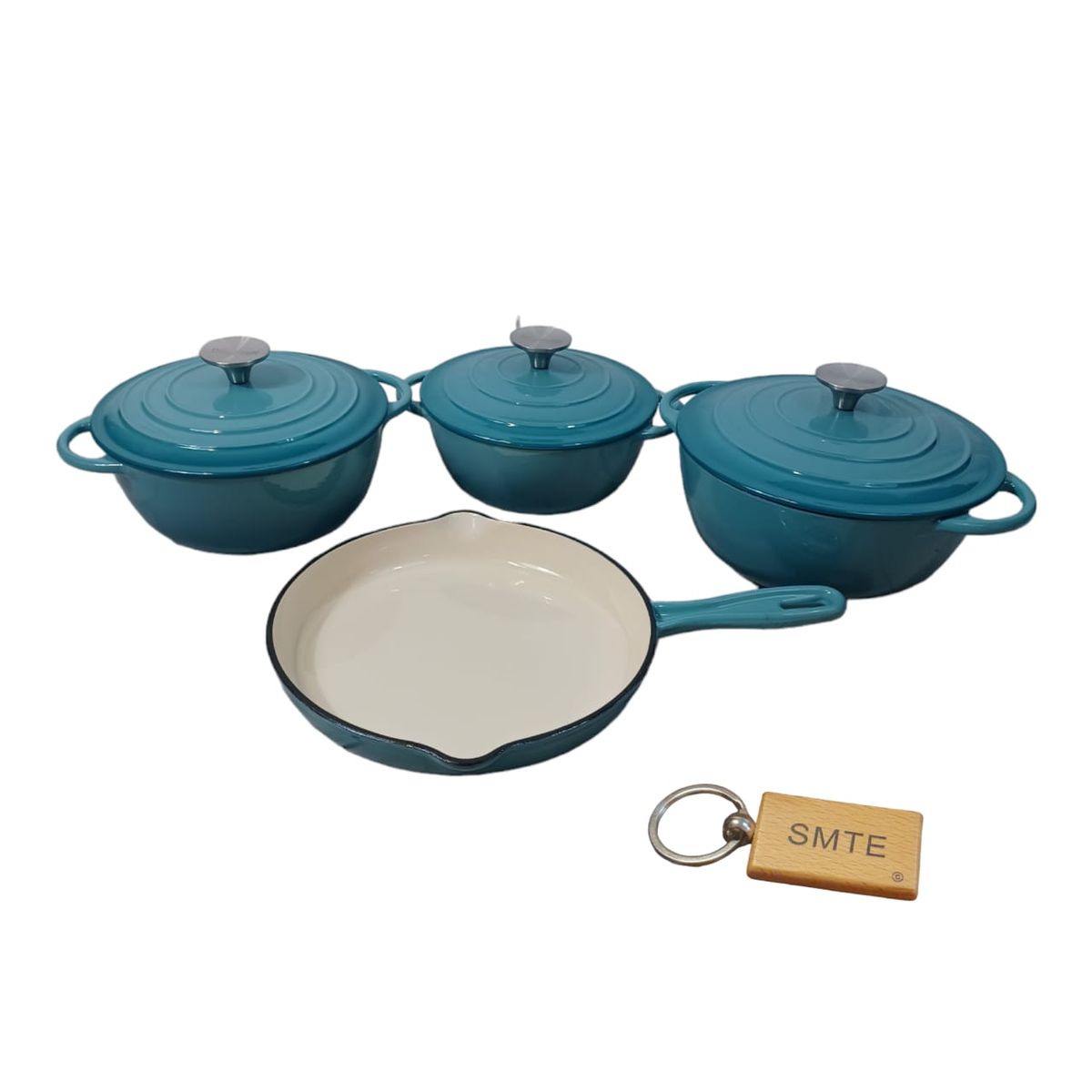 SMTE - Premium 7Piece Cast Iron Cookware Set+  KeychainTeal blue
