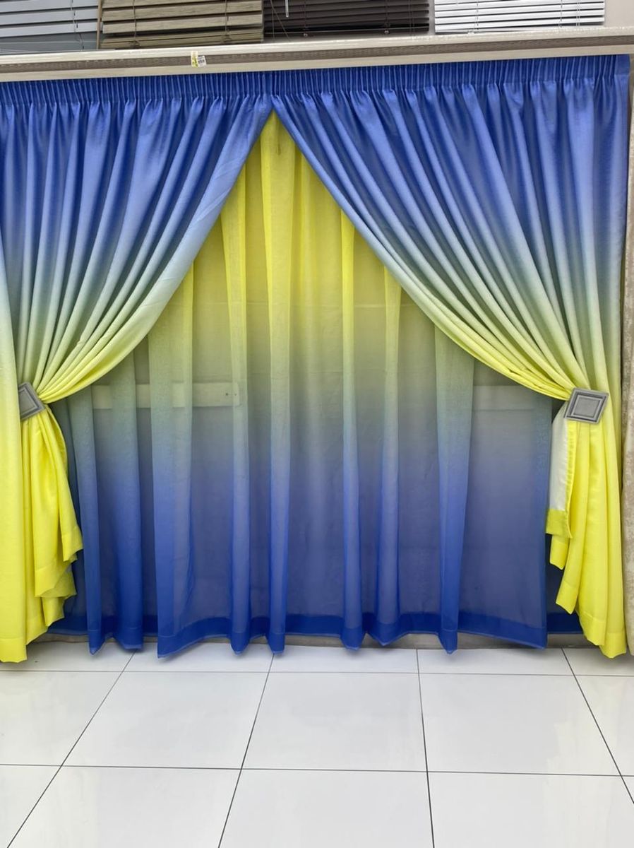 SMTE - Dream World 2 Tone Modern Stylish Curtain With Lace And Tie Backs - Yellow, Blue