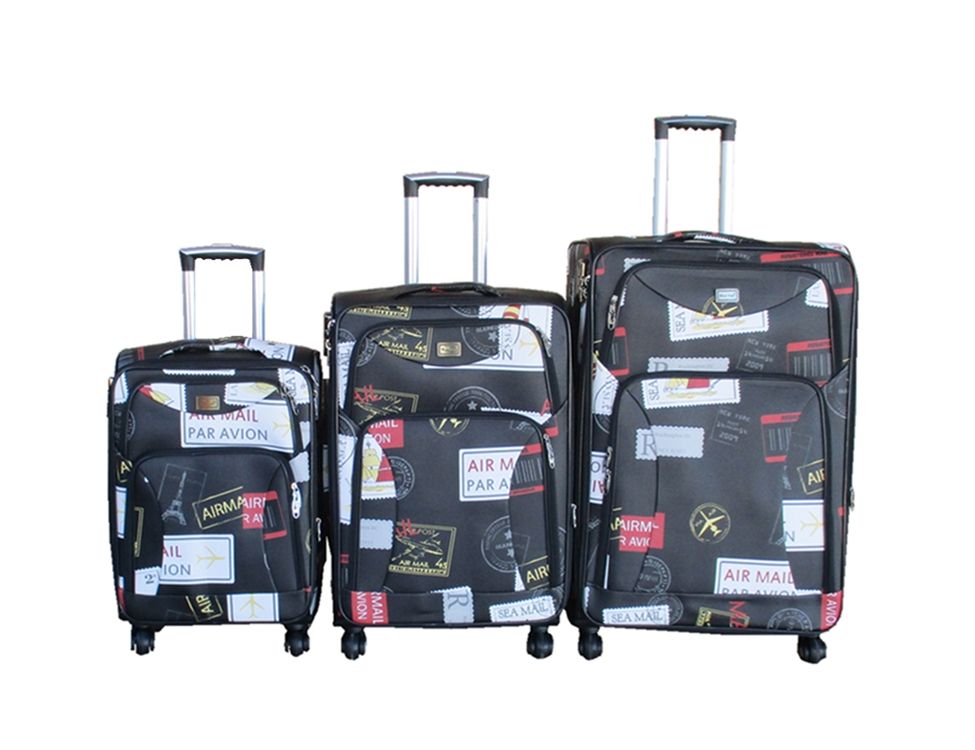 SMTE - 3 PiecePU Leather Expandable Trolley Luggage with Travel Print Design