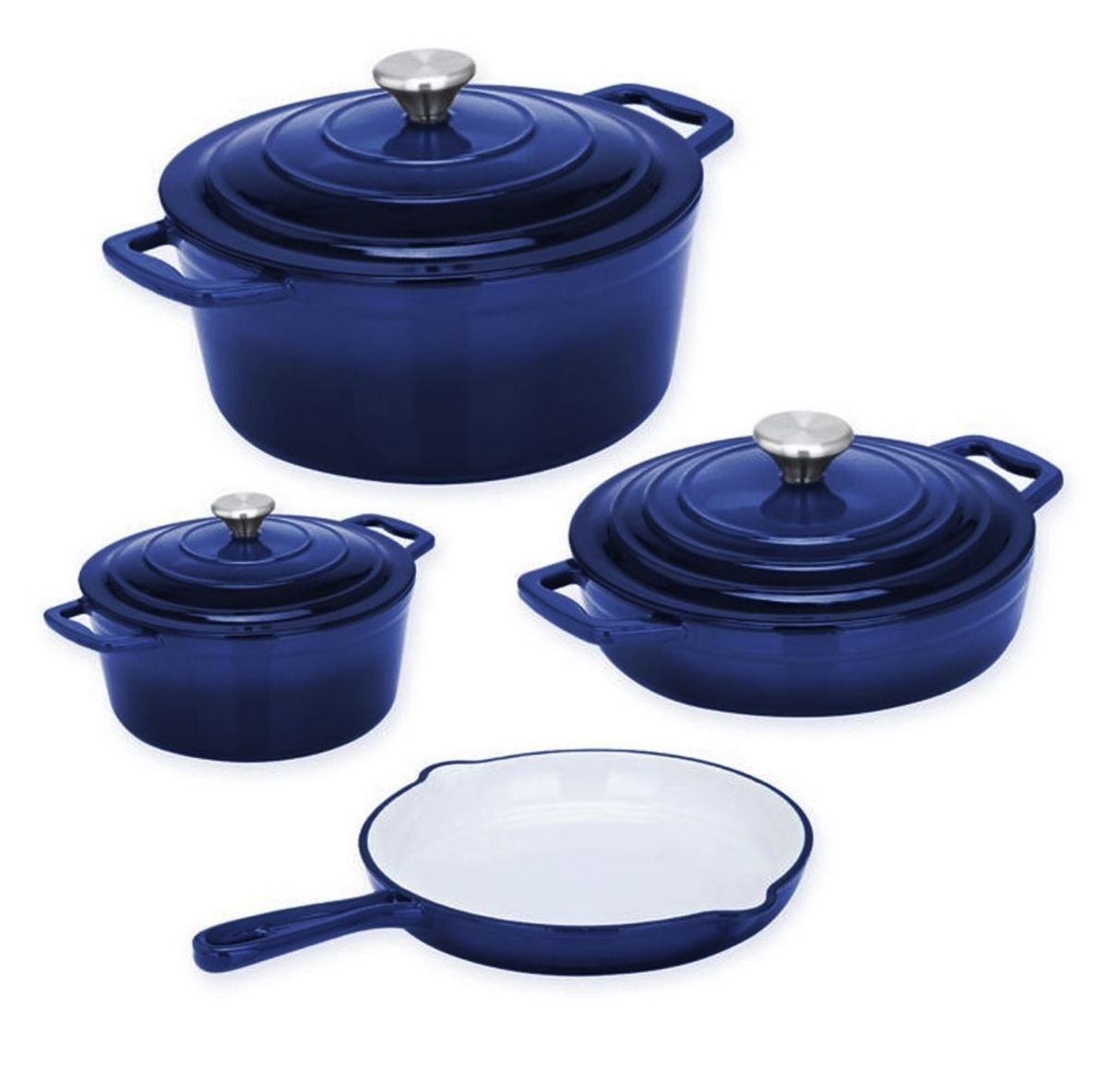 SMTE - Authentic 7 Piece Cast Iron Dutch Oven Cookware Pot Set - Navy