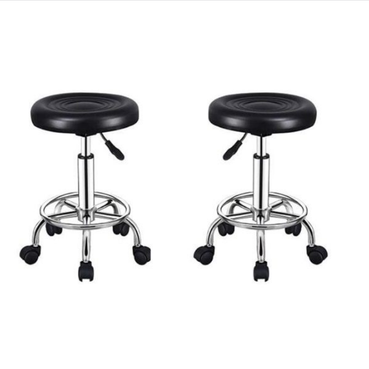 SMTE - PU Leather Round Rolling Stool with Foot Rest Swivel Height Adjustment - Black