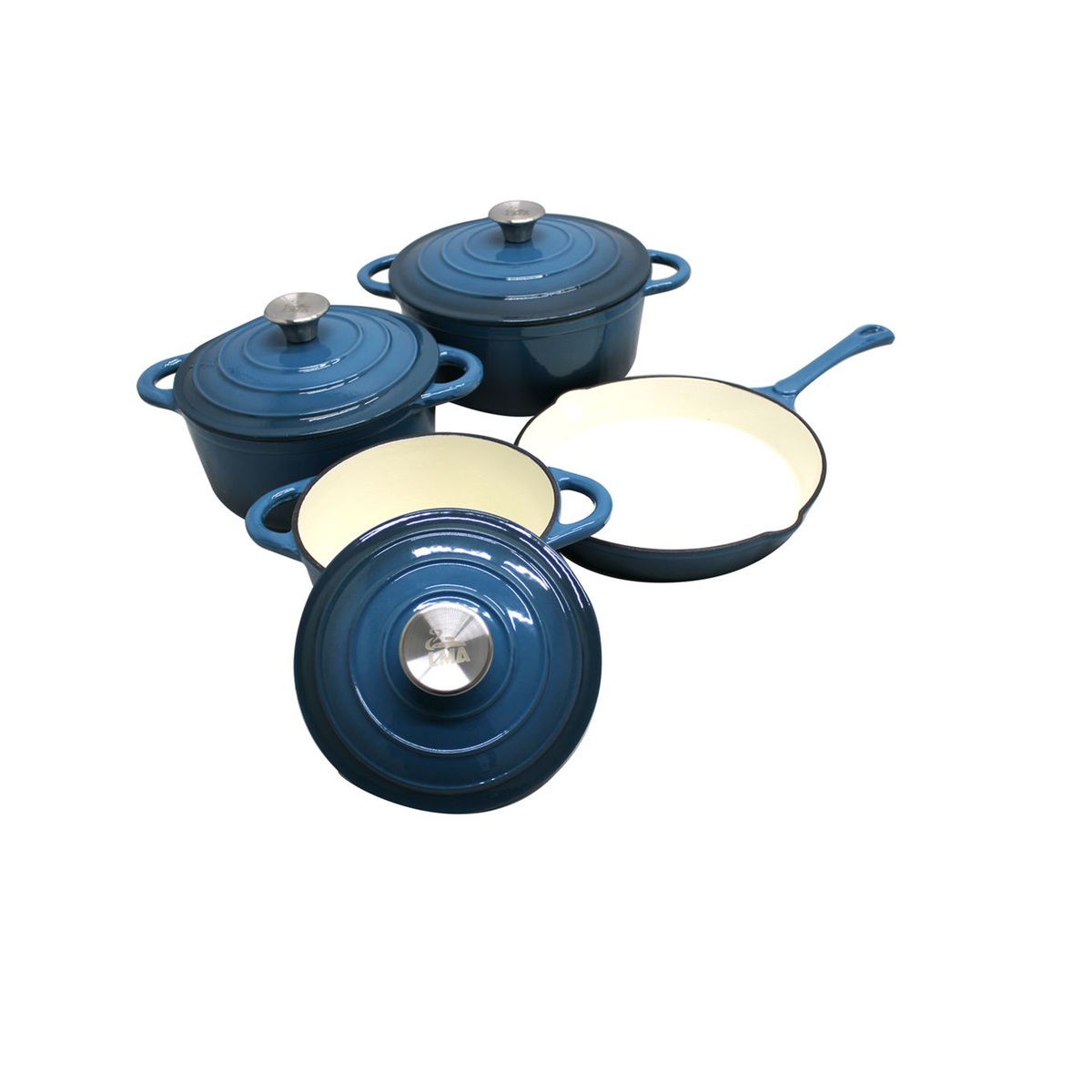 SMTE - 7 Piece Authentic Cast Iron Dutch Oven Cookware Pot Set - Teal