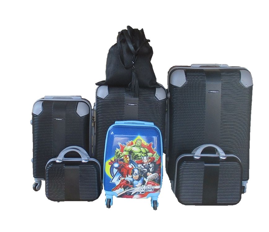 SMTE - 5Piece ABS Luggage Set with Avengers Kids Case and Ladies Travel BagBlackHard Shell