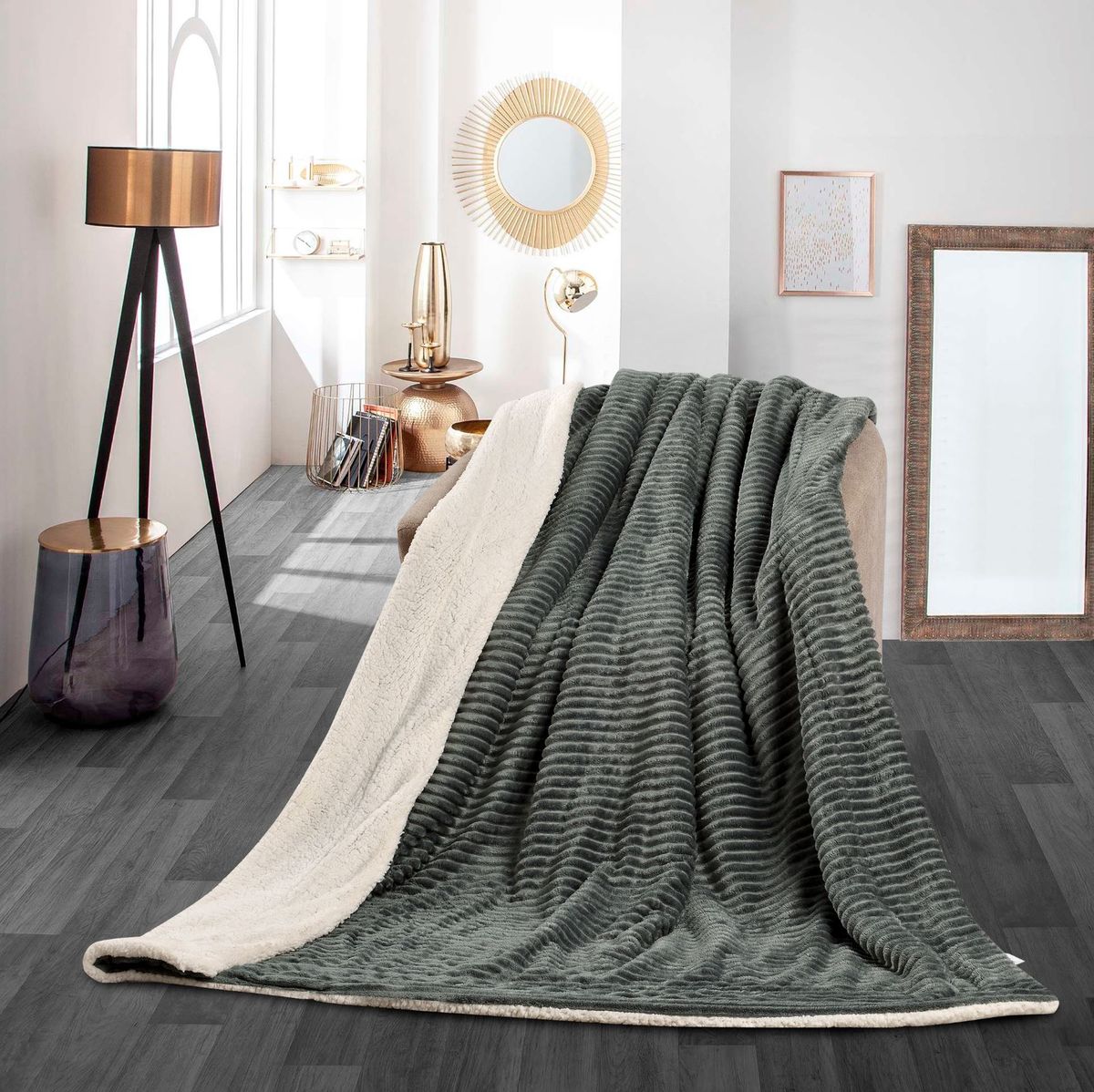SMTE - New Reversible Super Soft Throw Striped Flannel Sherpa Blanket - Dark Grey