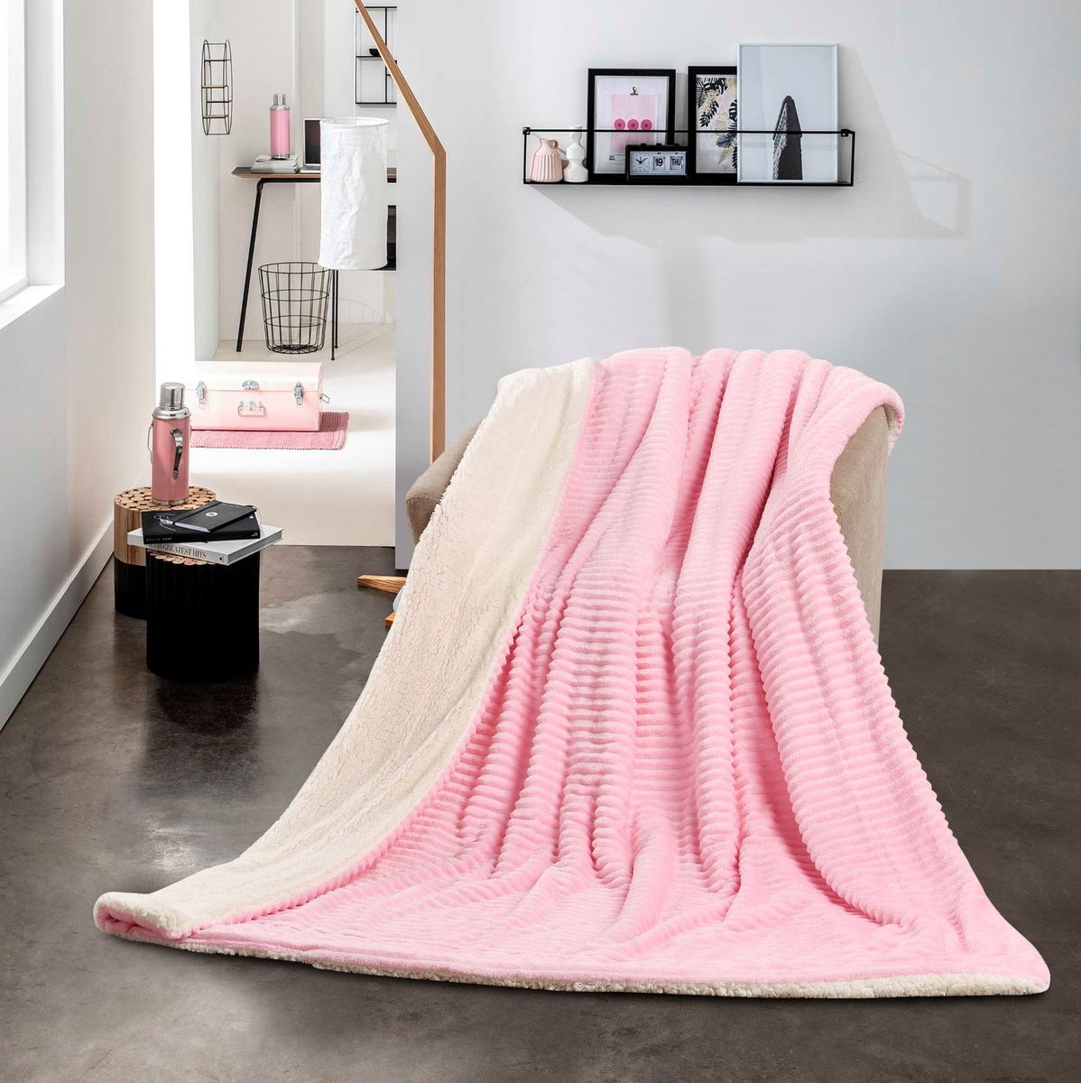 SMTE - New Reversible Super Soft Throw Striped Flannel Sherpa Blanket - Pink