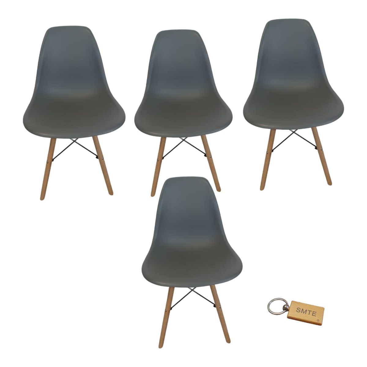 SMTE - Plastic Chair With Wooden Leg Set of 4+  KeychainGrey