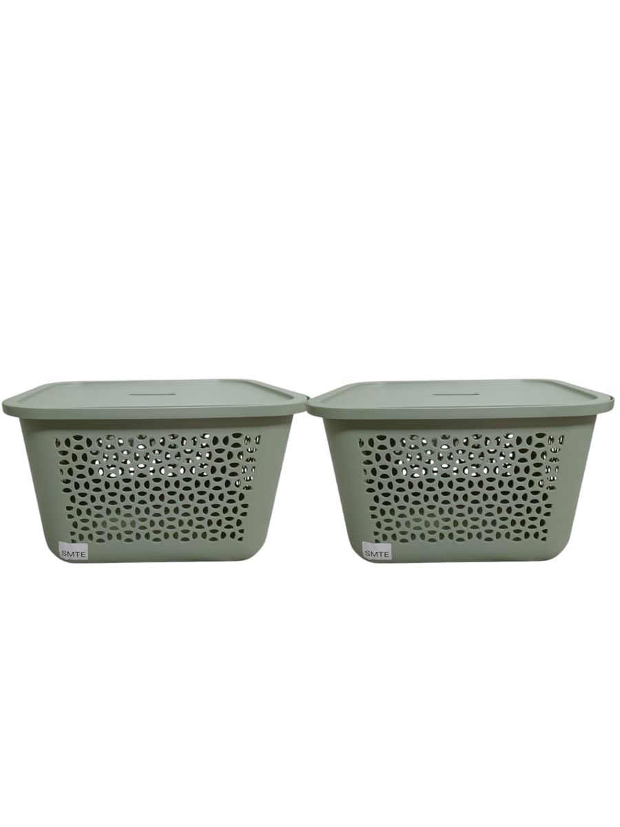 SMTE - Green 20L Storage Basket Set of 2 with Lids