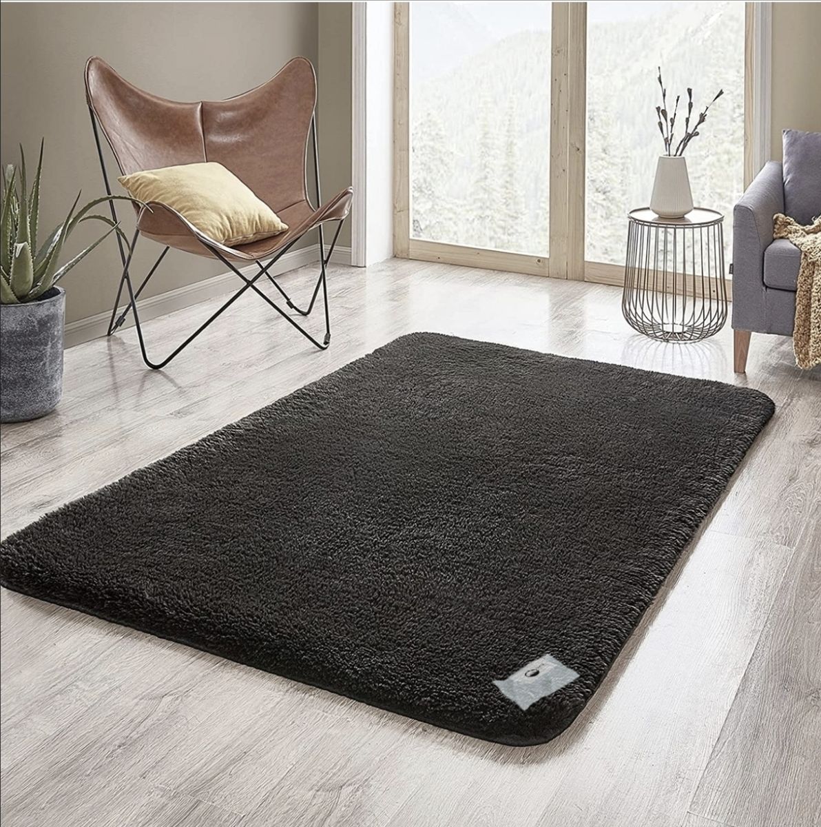 SMTE - Quality Maxsoft Rabbit Skin Fluffy Rug and  Tieback - Black - L