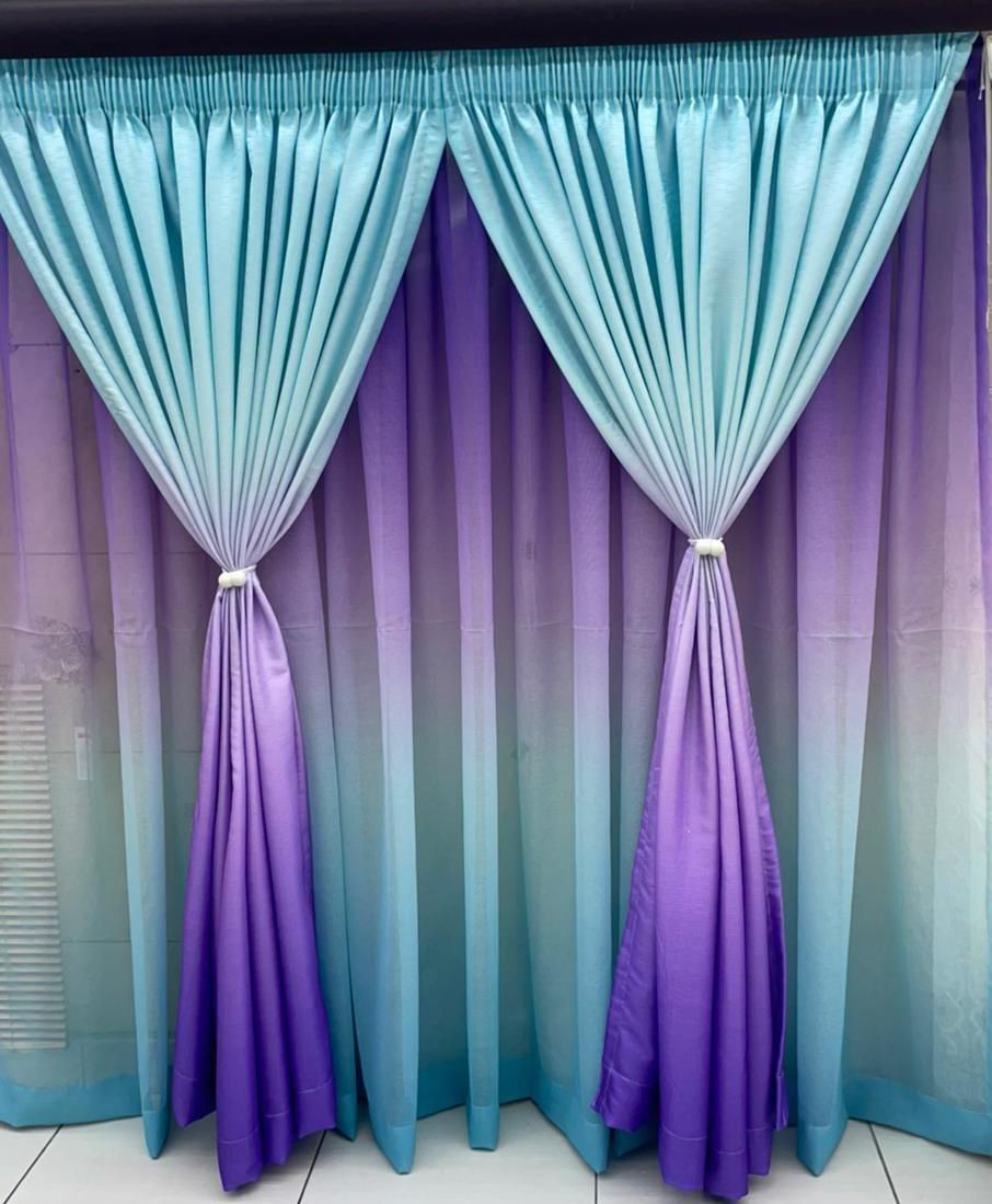 SMTE - Dream World 2 Tone Modern Stylish Curtain With Lace And Tie Backs - Blue, Purple