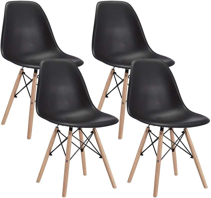 SMTE - Modern Style Dining Chair Shell Plastic Chair with wooden legs - Set of 4 - Black