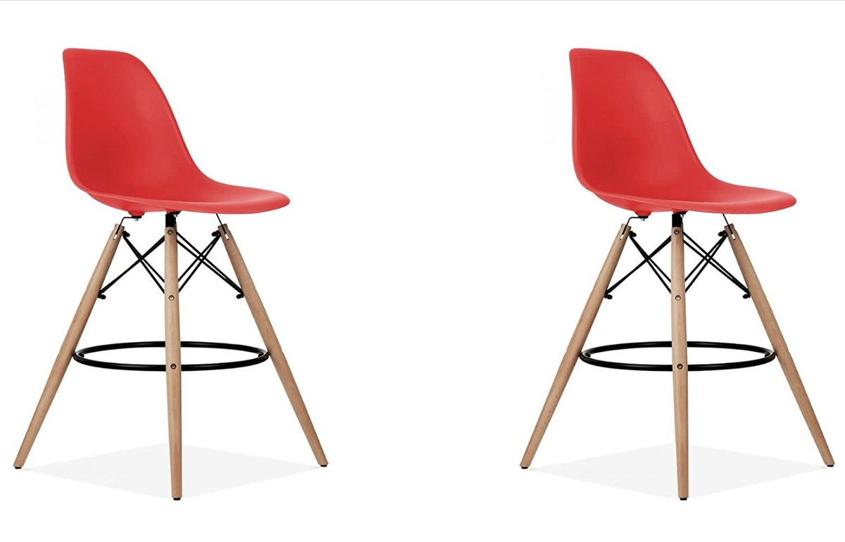 SMTE - Plastic Modern Counter Stools with Backrest and Armless Natural Legs Wood - Red
