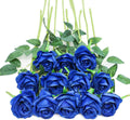 SMTE - 12 pcs Artificial Roses With Long Stem Real Touch DIY Home DecorBlue