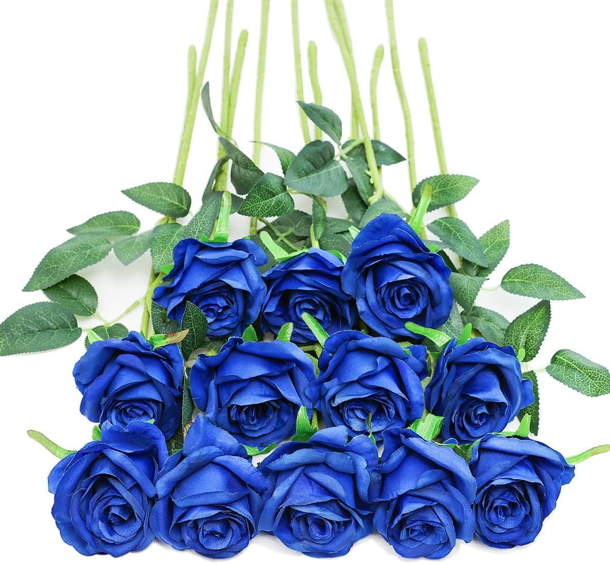 SMTE - 12 pcs Artificial Roses With Long Stem Real Touch DIY Home DecorBlue