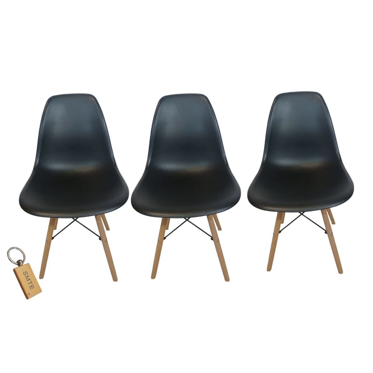 SMTE - Plastic Chair With Wooden Leg Set of 3 with  KeychainBlack