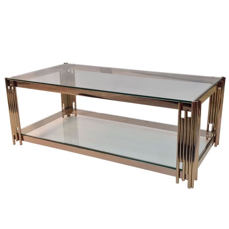 SMTE - Gold Glass Top Coffee Table with Pipe Design Tubular Base