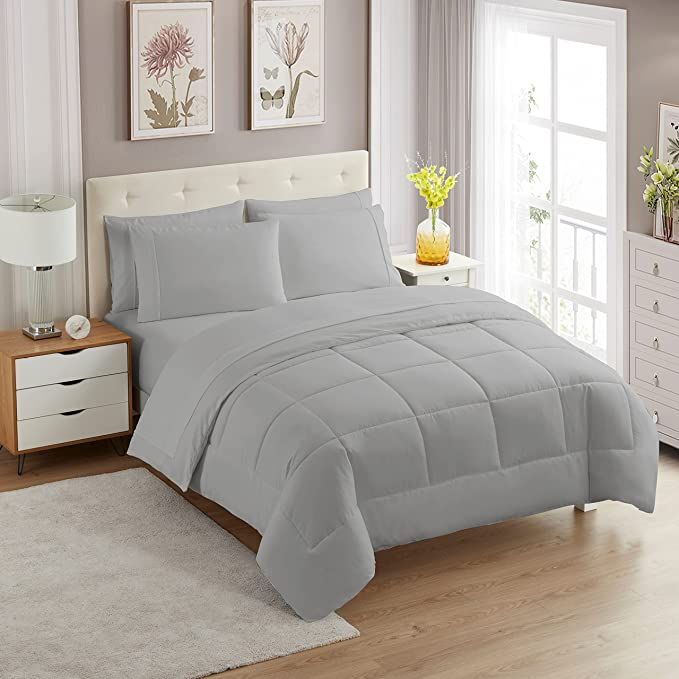 SMTE - 5-piece Plain Comforter Set Light Grey Queen