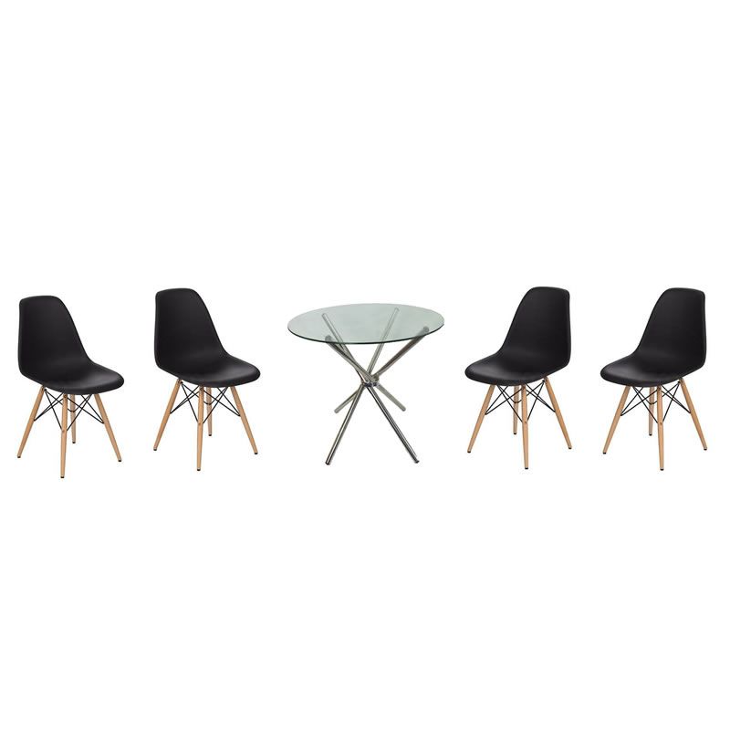 SMTE - 5 Piece Glass Table and White Wooden Leg Chairs